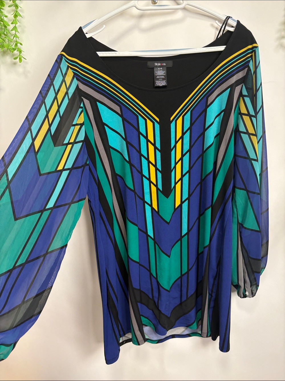 Style & Co. Geometric Sheer Blouse in Blue, Teal, Yellow and Black
